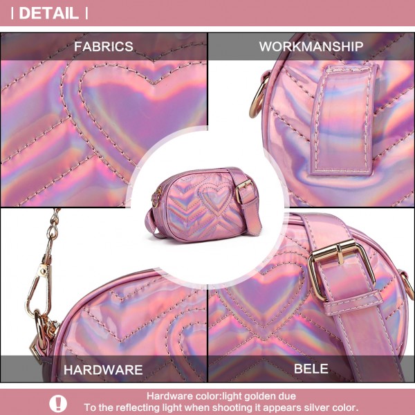 LH6834 - Miss Lulu Quilted Heart and Chevron Cross Body and Bum Bag - Iridescent Pink